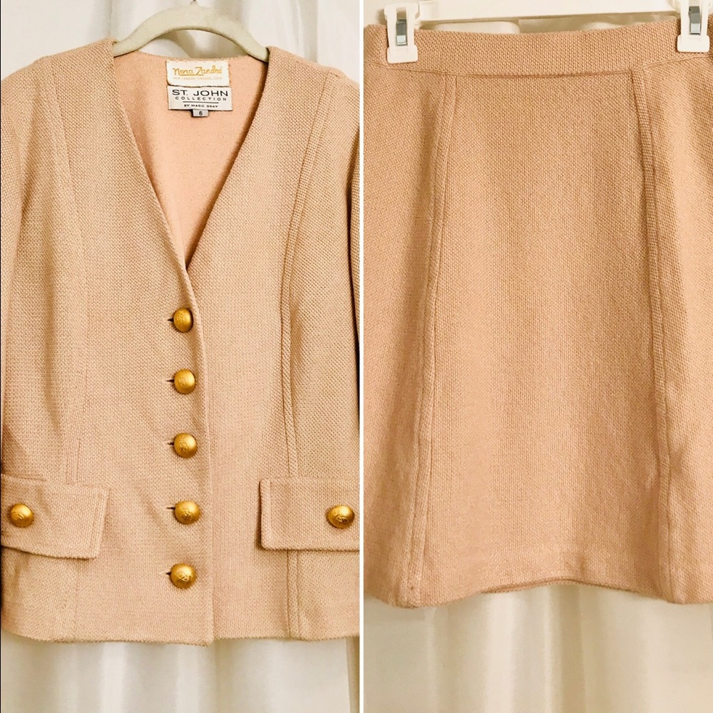 ST. JOHN Collection-Tan w/ Gold Buttons Skirt Suit